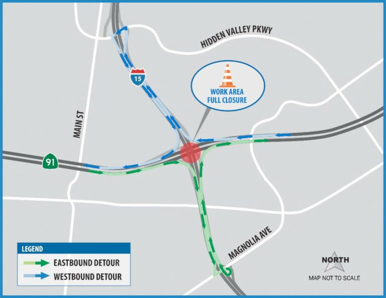 A full closure of the State Route 91 at the Interstate 15 interchange, including the 91 Express Lanes, is scheduled for late Monday, May 18 to early morning Tuesday, May 19 (westbound from 11 p.m. to 4 a.m. and eastbound from 11:59 p.m. to 5 a.m.) to pour the concrete bridge deck.